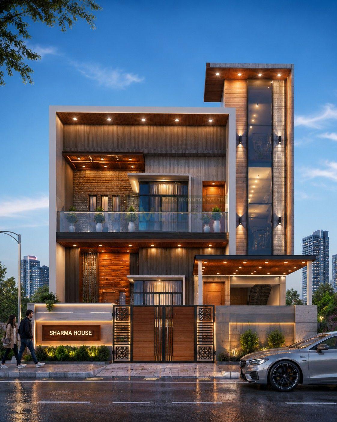 Modern Double Storey House Front Elevation Design with Wood & PVC Cladding