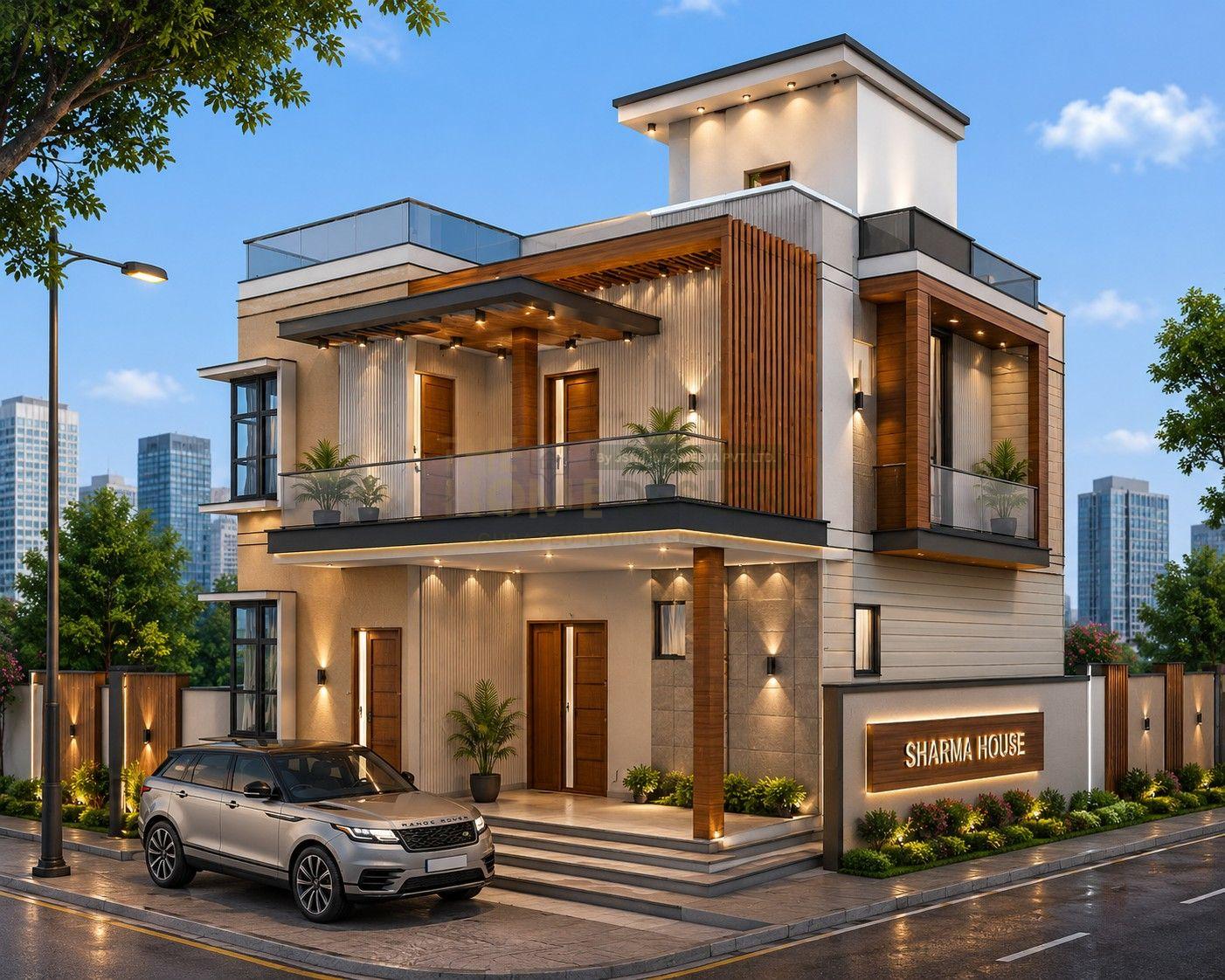 Modern Double Storey House Front Elevation Design with Wood & PVC Cladding