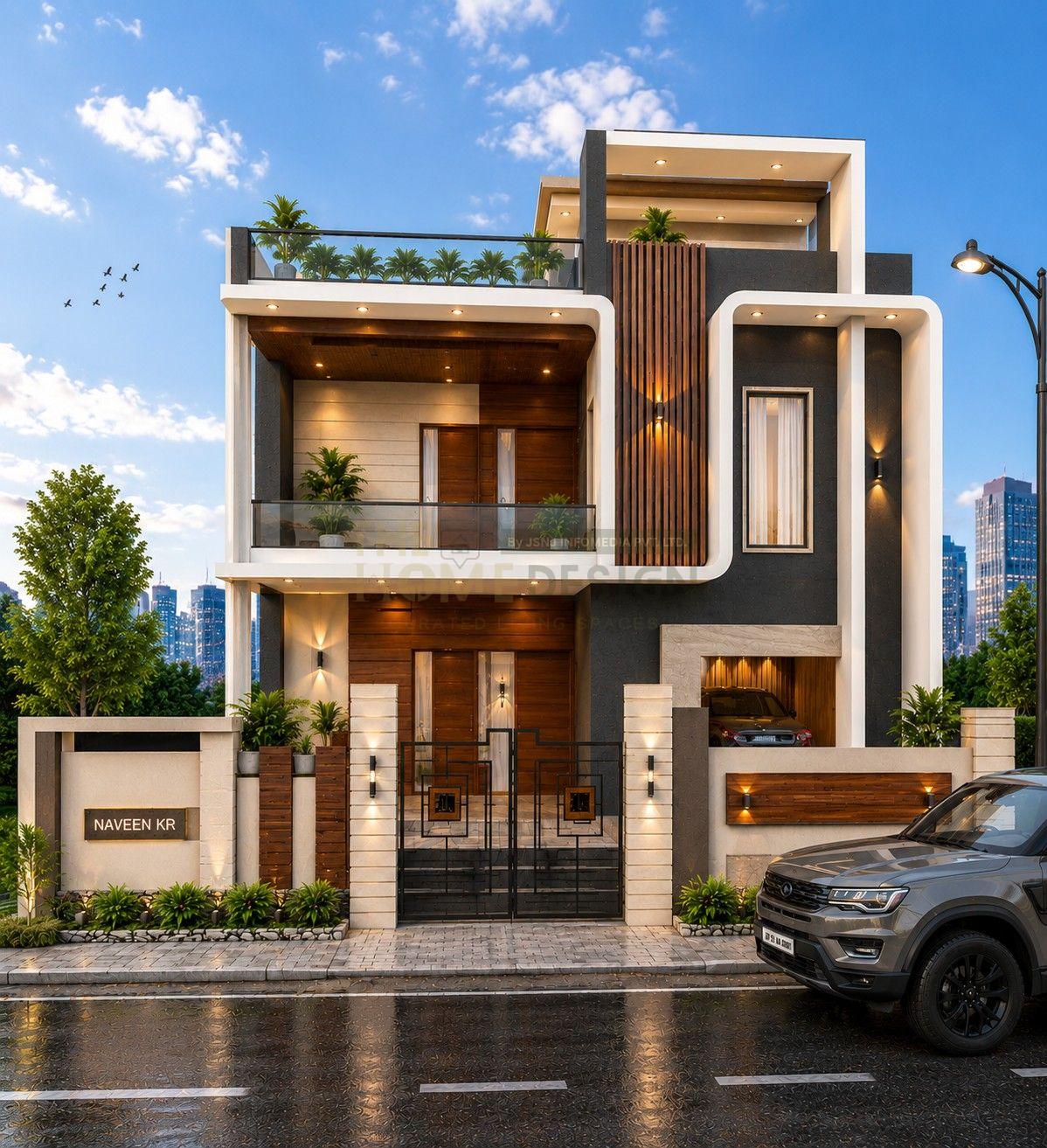 Modern Duplex House Front Elevation with PVC, WPC & Wooden Cladding | Contemporary Luxury Design