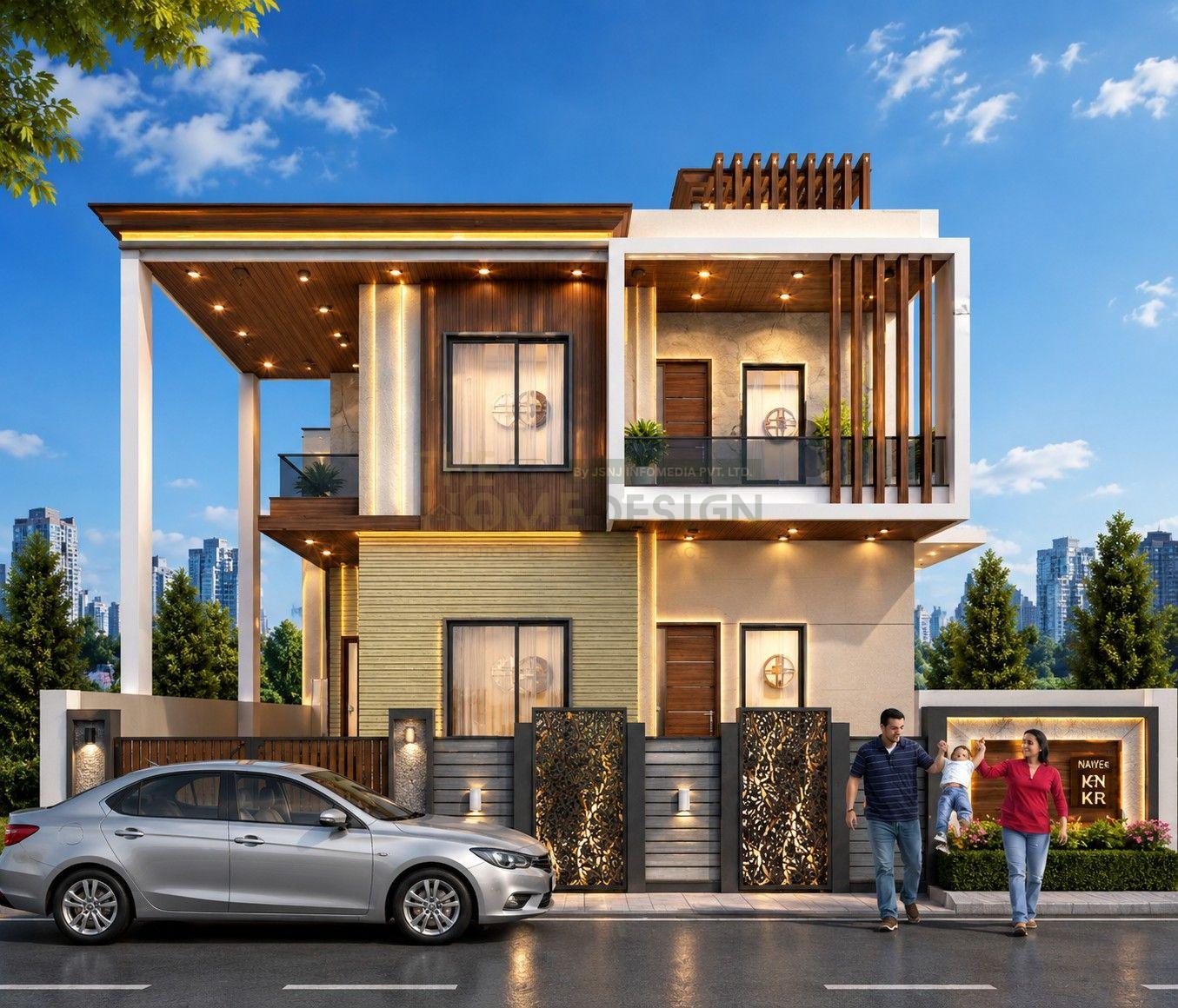 Modern Duplex House Front Elevation with PVC, WPC & Wooden Cladding | Contemporary Luxury Design
